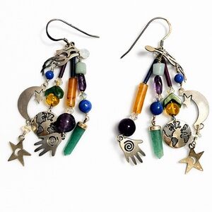 Sterling Silver Gemstone Charm Dangle Earrings Boho Celestial